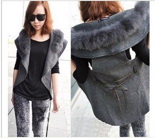 Black,Grey Freeshipping Women Plain Sleeveless Vest Fake Fur Collar Woollen Long Waistcoat Outwear