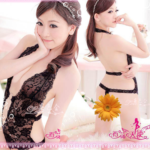 Black halter-neck spaghetti strap placketing sleepwear sexy transparent lace bodysuit decorative pattern clothing