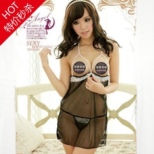 Black halter-neck type racerback sleepwear thong set nightgown female lingerie