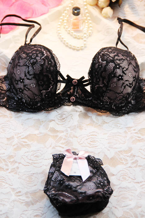 Black lace bra women's underwear bra set push up sexy temptation set