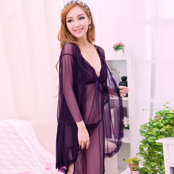 Black lace nightgown female transparent gauze sexy temptation sleepwear three pieces set drop shipping