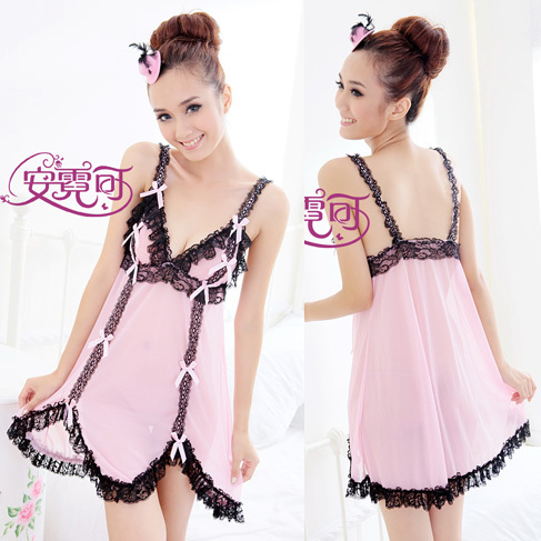 Black lace pink nightgown sexy sleepwear bathrobe Pink temptation nightgown sleepwear lounge