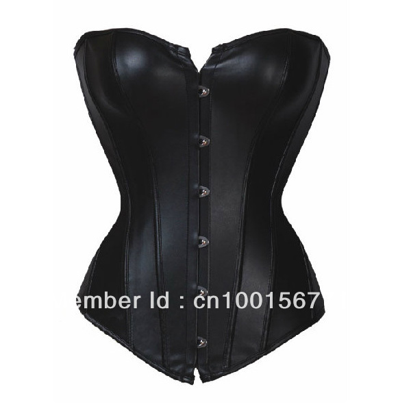 Black Lace up Faux Leather Corset Bustier Overbust Zipper Goth Boned Top S-2XL freeshipping,whoelsal