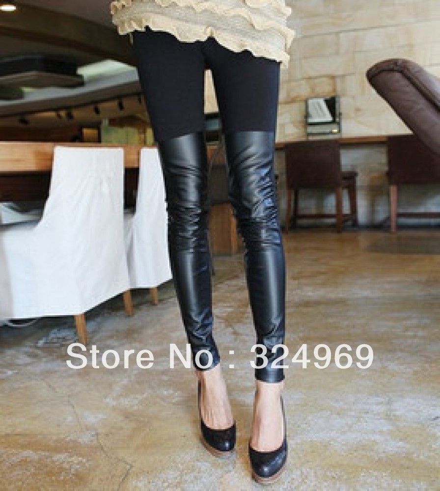 Black Ladies Winter Tights Footless Splicing Leather Cotton Leggings 894#