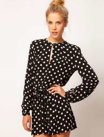 Black Long Sleeve Polka Dot Back Split Jumpsuit