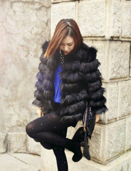 Black long-sleeve short design medium-long fox fur horizontal stripe fur coat