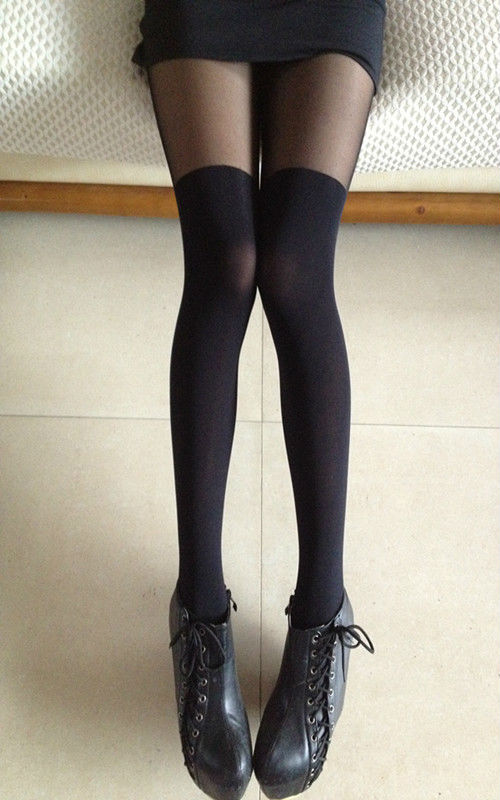 Black Mixed Colors Gipsy Mock Ribbed Over the Knee Tights Thigh High Pantyhose Stockings Silk