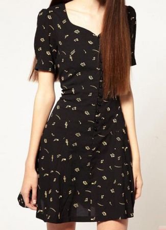 Black Musical Note Print Short Sleeve Sweetheart Chiffon Dress free shipping for epacket and cpam