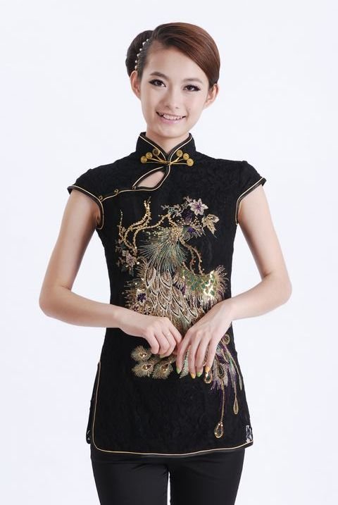 Black New Fashion Chinese Women's Lace Shirt with Phoenix Free Shipping Wholesale and Retail Size S-XXXL A0046-A