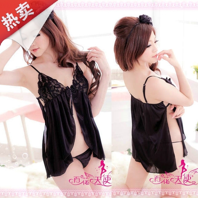 Black open front cutout spaghetti strap top thong set nightgown female temptation lingerie