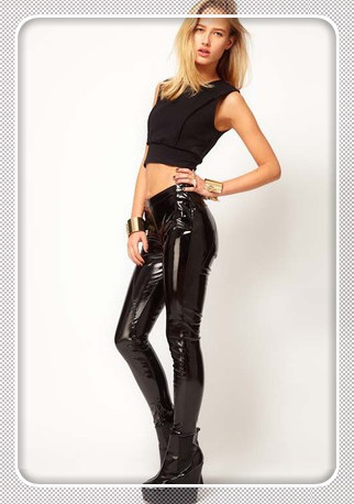 Black patent leather high brightness punk wind low-rise leggings PU leather pants