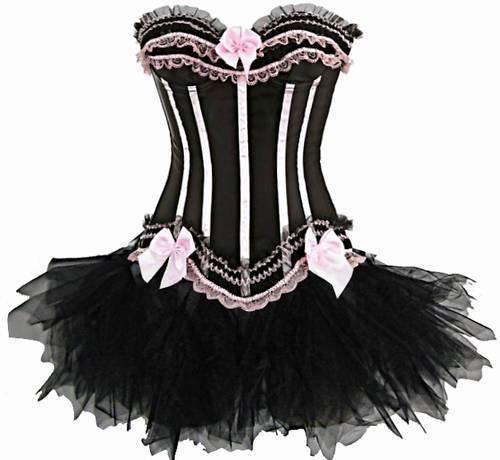 Black Pink  satin top corset with padded cup underwire +G-string+Black  mini skirt S-2XL