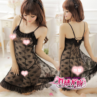 Black princess silk sexy sleepwear autumn and winter women's temptation underwear transparent nightgown twinset