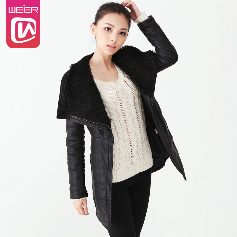 Black PU cotton-padded jacket winter outerwear female thickening cotton-padded jacket female medium-long slim wadded jacket