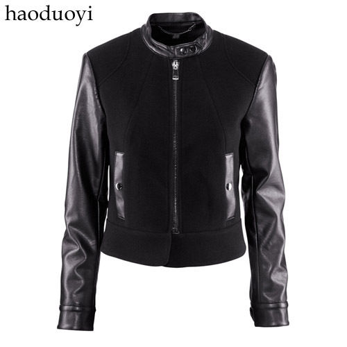 Black PU patchwork black woolen long-sleeve outerwear front zipper slim motorcycle loading hm6 full