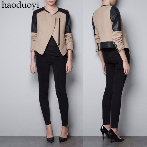 Black PU patchwork nerong jacket slim oblique zipper beige woolen outerwear 6 full