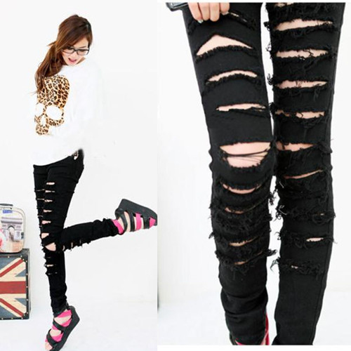 Black Punk Rock Women Ripped Skinny Pants Jeans Leggings Trousers WF-3787