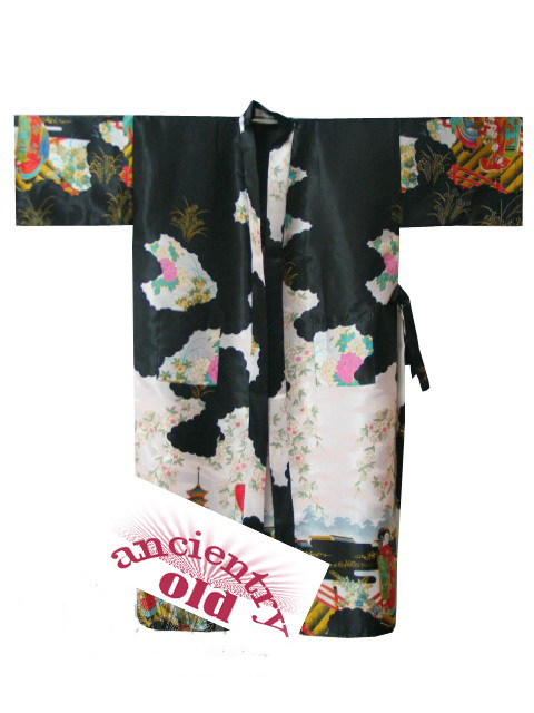 Black/ Reversible Chinese Womens  Silk Satin Embroidr Kimono Robe Gown