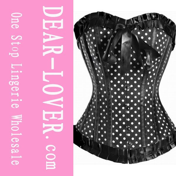 Black Ruffled Polka Dot Steel Boned Lace-up Corset LC5205  Cheaper price Free Shipping  Fast Delivery