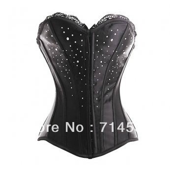 Black Satin Boned Corset Bustier with Sparkly Stones Underwear/Bustier/Corset/Lingerie J2215+ Free Shipping