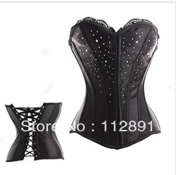 Black satin coret busiter bodyshaper hook eye front with stones S-XL M0189