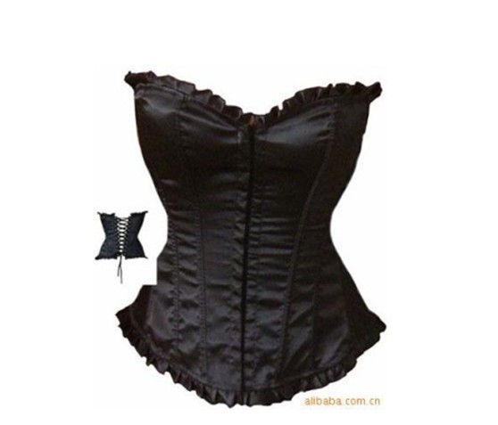 Black satin hook eye front corset busiter lace up boned S-2XL