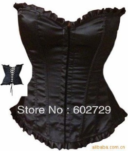 Black satin hook eye front lace up boned basque corset busiter lingerie S-6XL