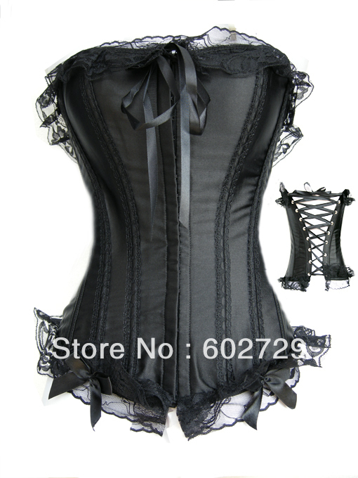 Black satin hook eye front lace up boned basque corset busiter lingerie with lace trim S-6XL