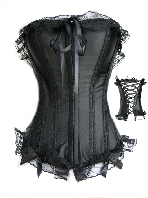 Black satin lace up boned with black lace trim  hook eye front  +G-string S-2XL