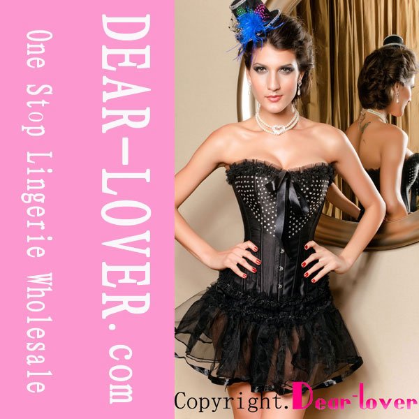 Black Satin Rhinestones Corsets With Mesh Lace Tutu Skirt  Drop Shipping  Free Shipping  LC5234