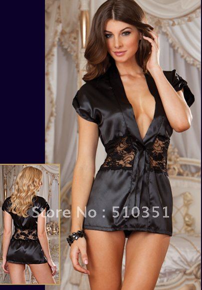 Black Satin sexy lingerie/costumes/underwear Pajamas Sleepwear Robe Lace Detail and G-String 6207