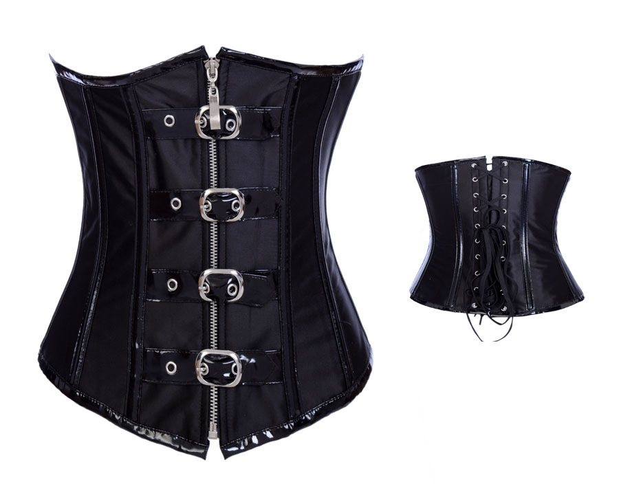 Black satin spiral steel boned lace up back underbust corset busiter clubwear costume S-2XL