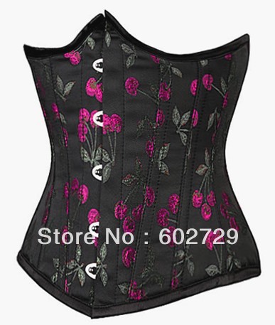 Black satin with floral boned lace up cincher underbust corset dropship S-2XL