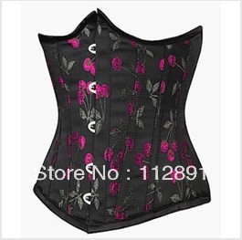 Black satin with floral boned lace up cincher undersust corset dropship S-2XL    M0194