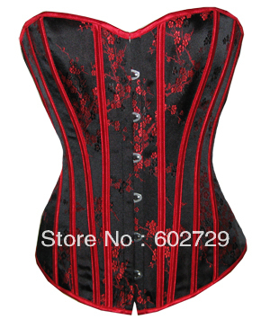 Black satin with floral Chinese style corset bustier underwear dropship S-2XL