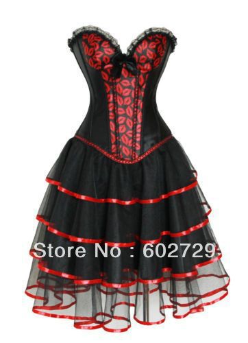 Black satin with red lip print lace up boned padded cup burlesque costume corset +skirt S-2XL dropship