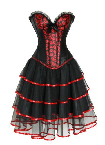 Black satin with red lip print lace up boned padded cup burlesque costume  corset +skirt  S-2XL dropship