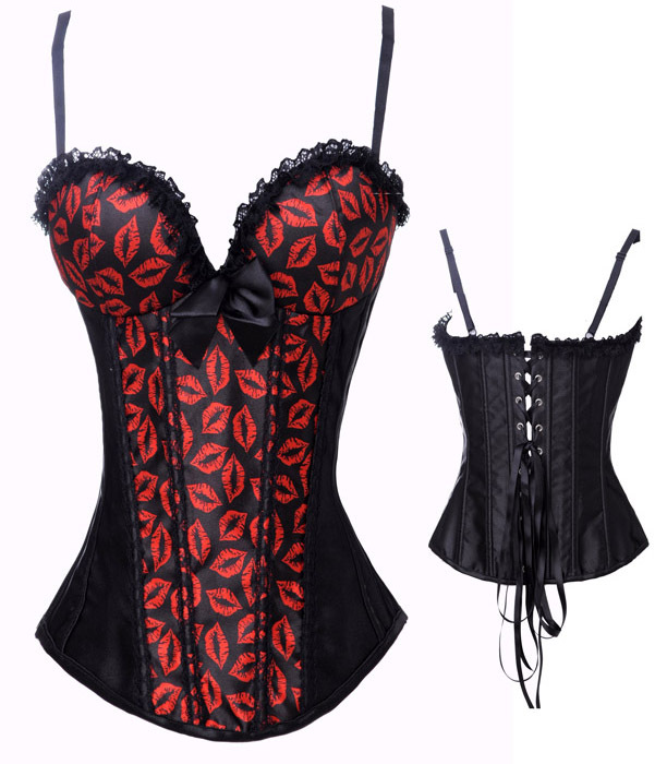 Black  satin with red mouth print  lace up boned strap padded cup costume S-2XL  dropship