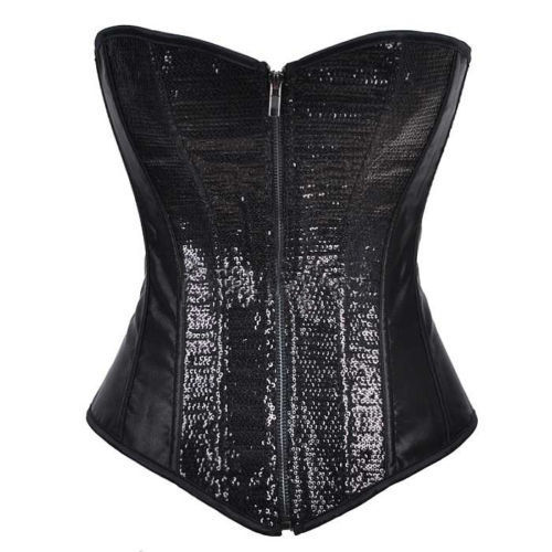 Black satin with sequin boned lace up corset bustier showgirl bodyshaper factory supplier S-2XL