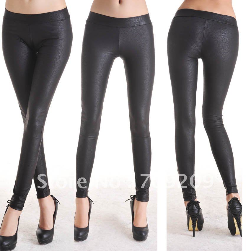 black Serpentine Faux Leather Leggings Sexy low waist trousers Render pants abdomen stretch 14 color size:S,M,L free shipping