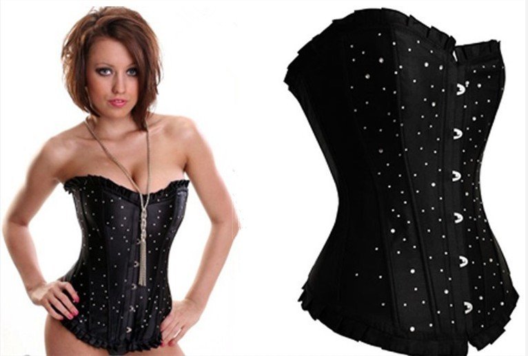 Black Sexy Lace Boned Rhinestones Bustier Corset S M L XL 2XL