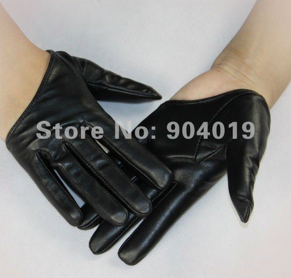 Black Sexy Lady 5 Fingers Half Palm Genuine Leather Gloves Size L