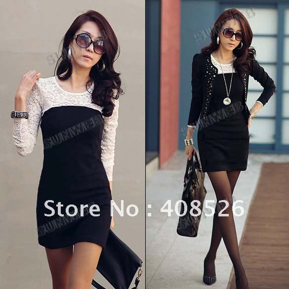 Black Sexy Women's Ladies Casual Mini Slim Cotton Lace Dress Clubwear long Sleeve 3360