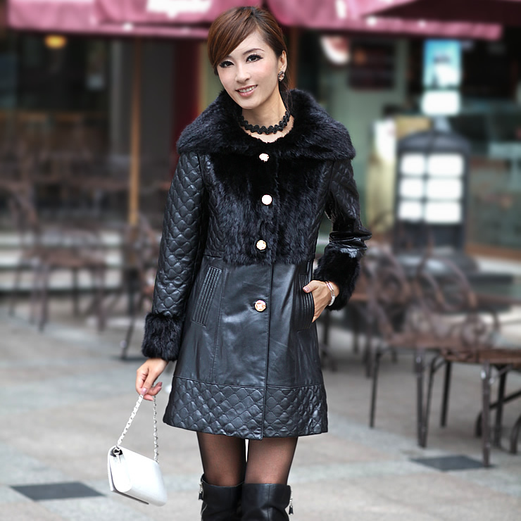 Black sheepskin leather coat patchwork fashion women's medium-long fur one piece mink fur coat s8018 ems free shipping