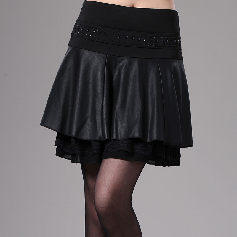 Black short skirt autumn and winter dress bust skirt layered dress puff skirt water washed leather skirt PU skirt