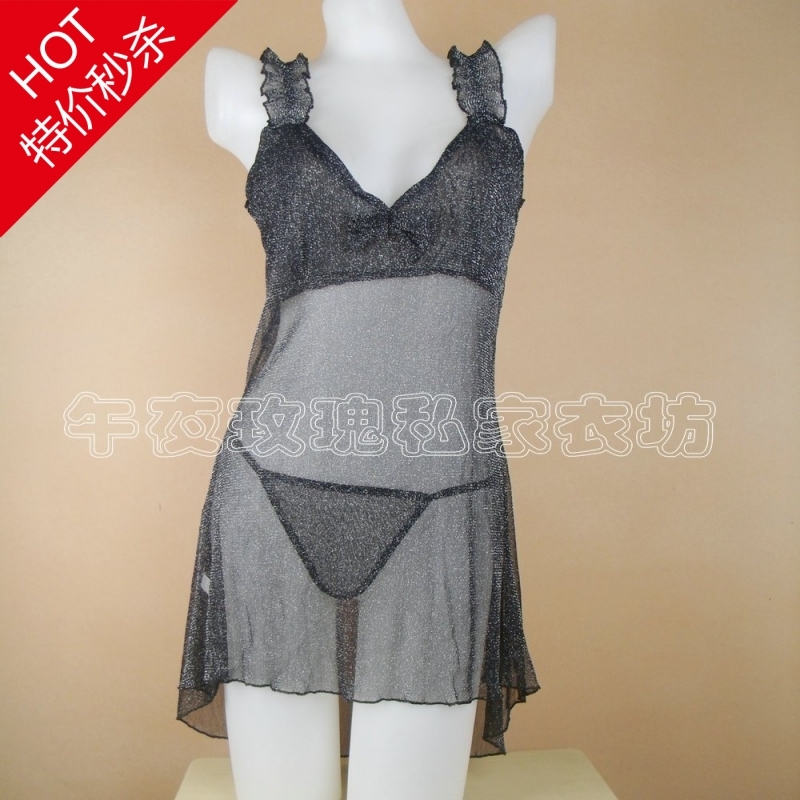 Black silver flash net fabric transparent spaghetti strap sleepwear dress thong set female lingerie