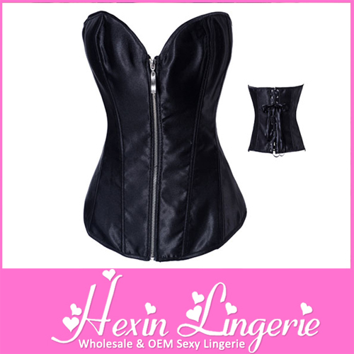 Black Simple Leather Sexy Zipper Corset LB4389 Size S M L XL