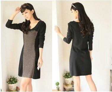 black slim fashio plus size dress women 2012 new autum winter long sleeve knee-length maxi dress L XL XXL XXXL