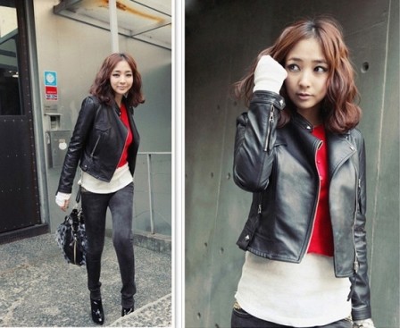 Black Slim Locomotive leather jacket Women stylish short coat Winter leather outerwear,free shipping