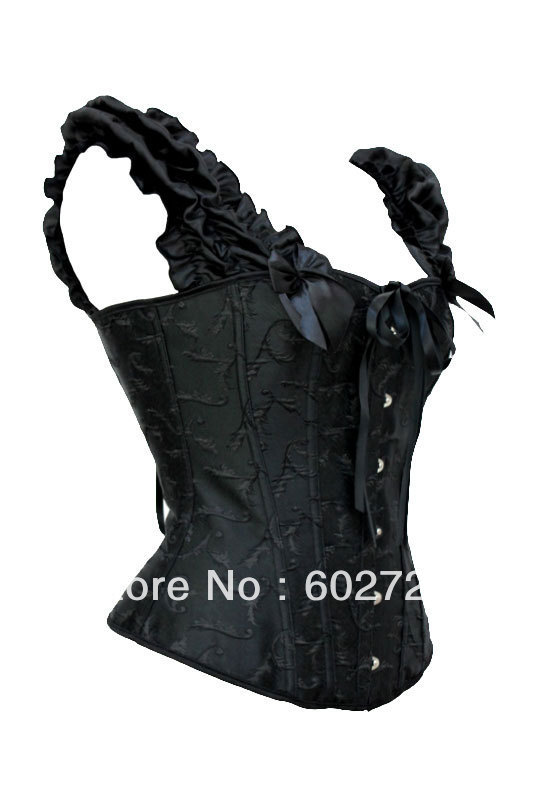 Black spiral steel boned with shoulder stap lace up boned corset busiter S-2XL